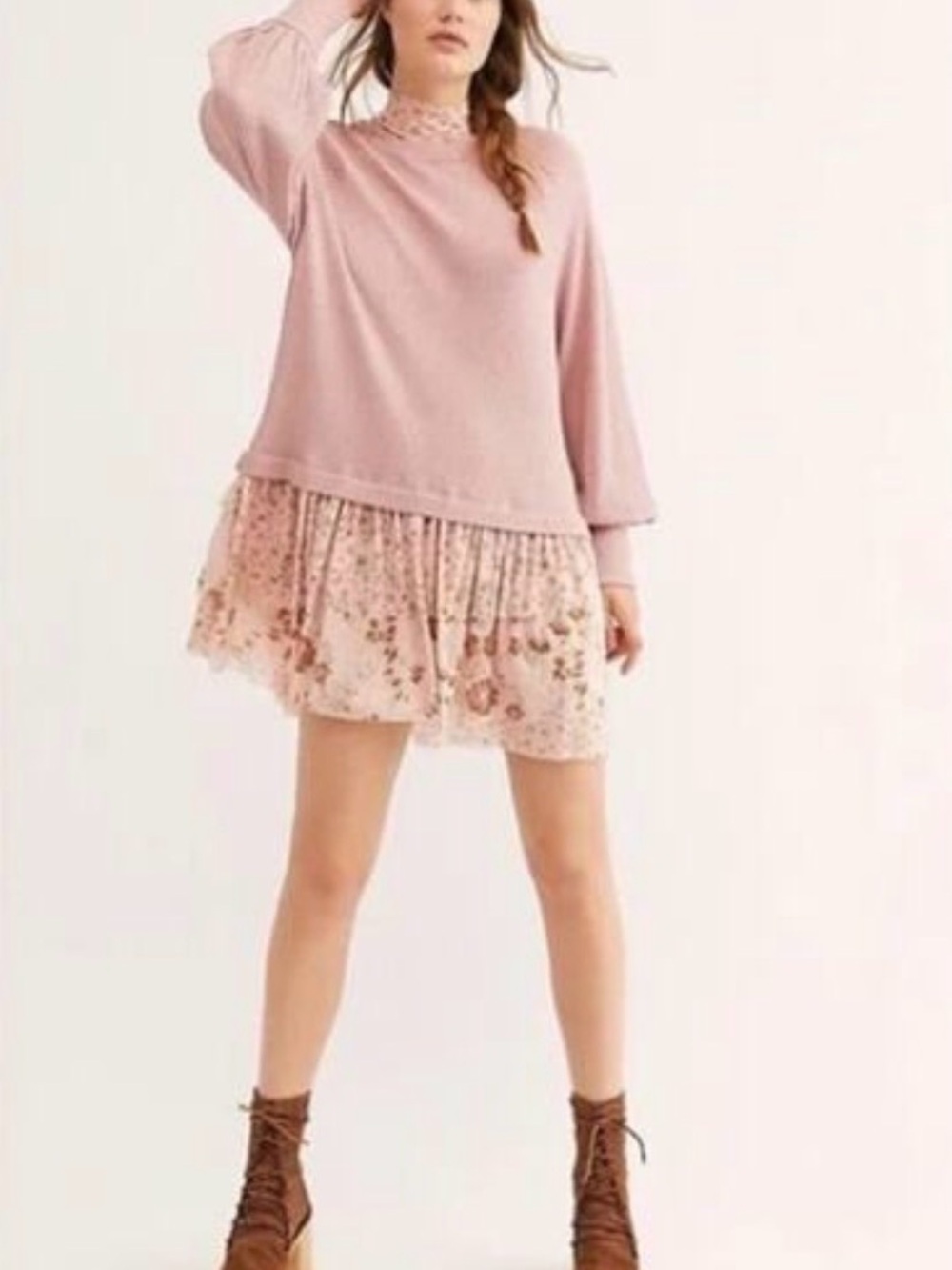 Free People Opposites Attract Blush Pink Floral Tiered Mini Dress